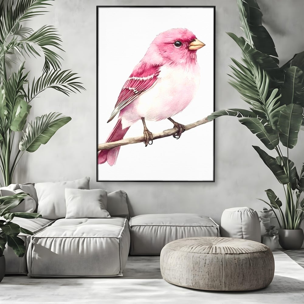 Tablou canvas cu tablou canvas cu pasare roz pe creanga, in rama de aluminiu negru, pe perete intr-un living